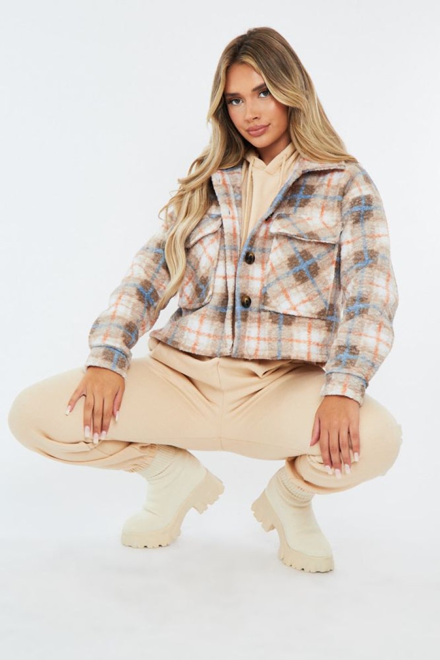 Clothing Rebellious Fashion | Blue Checked Cropped Pocket Front Shacket - Ebonni