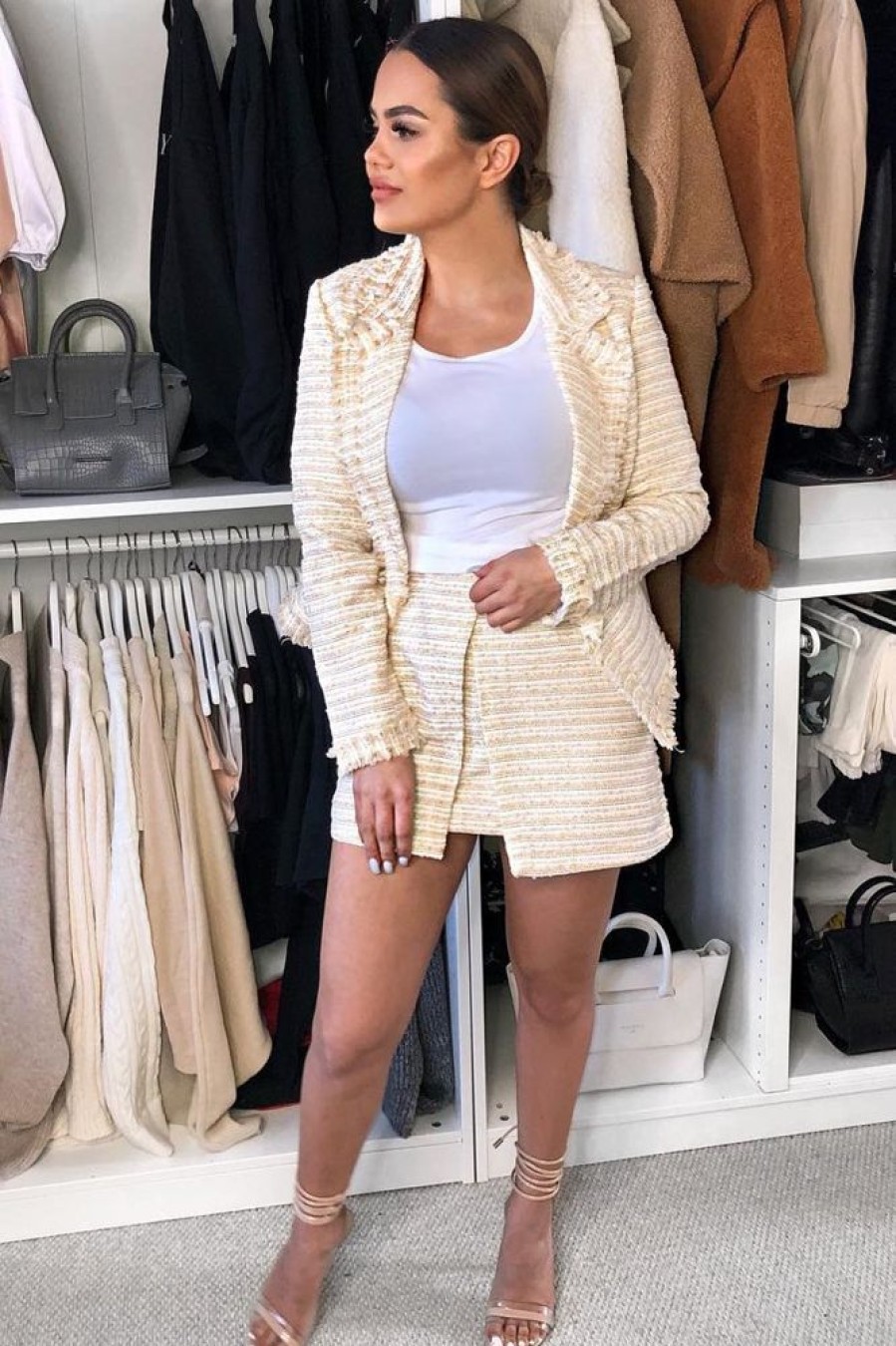 Clothing Rebellious Fashion | Apricot And Cream Tweed Blazer And Skirt Co-Ord - Carah