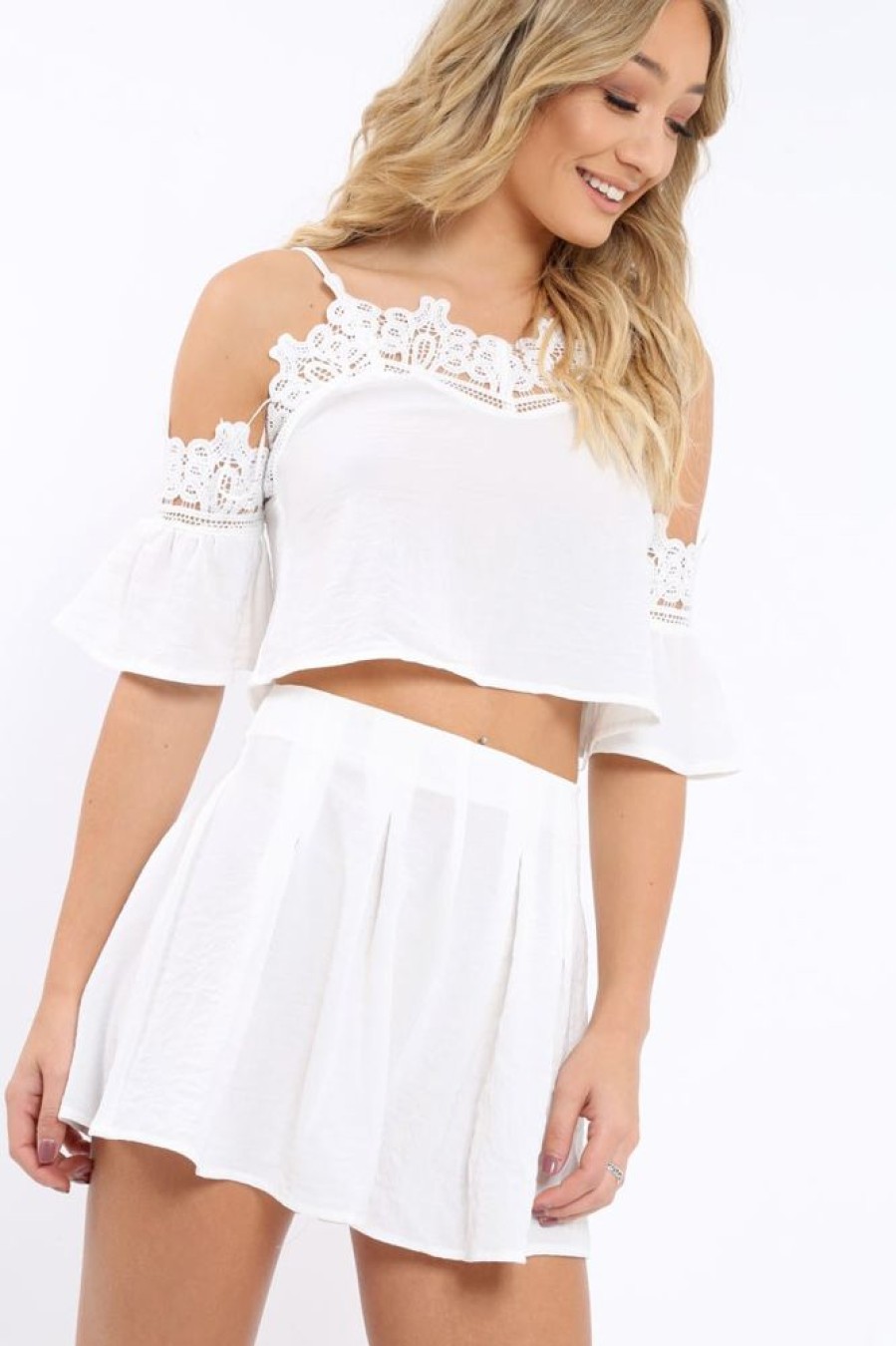 Clothing Rebellious Fashion | White Crochet Co-Ord Set - Sharna