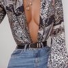 Clothing Rebellious Fashion | Navy V-Plunge Leopard Print Bodysuit - Hazell