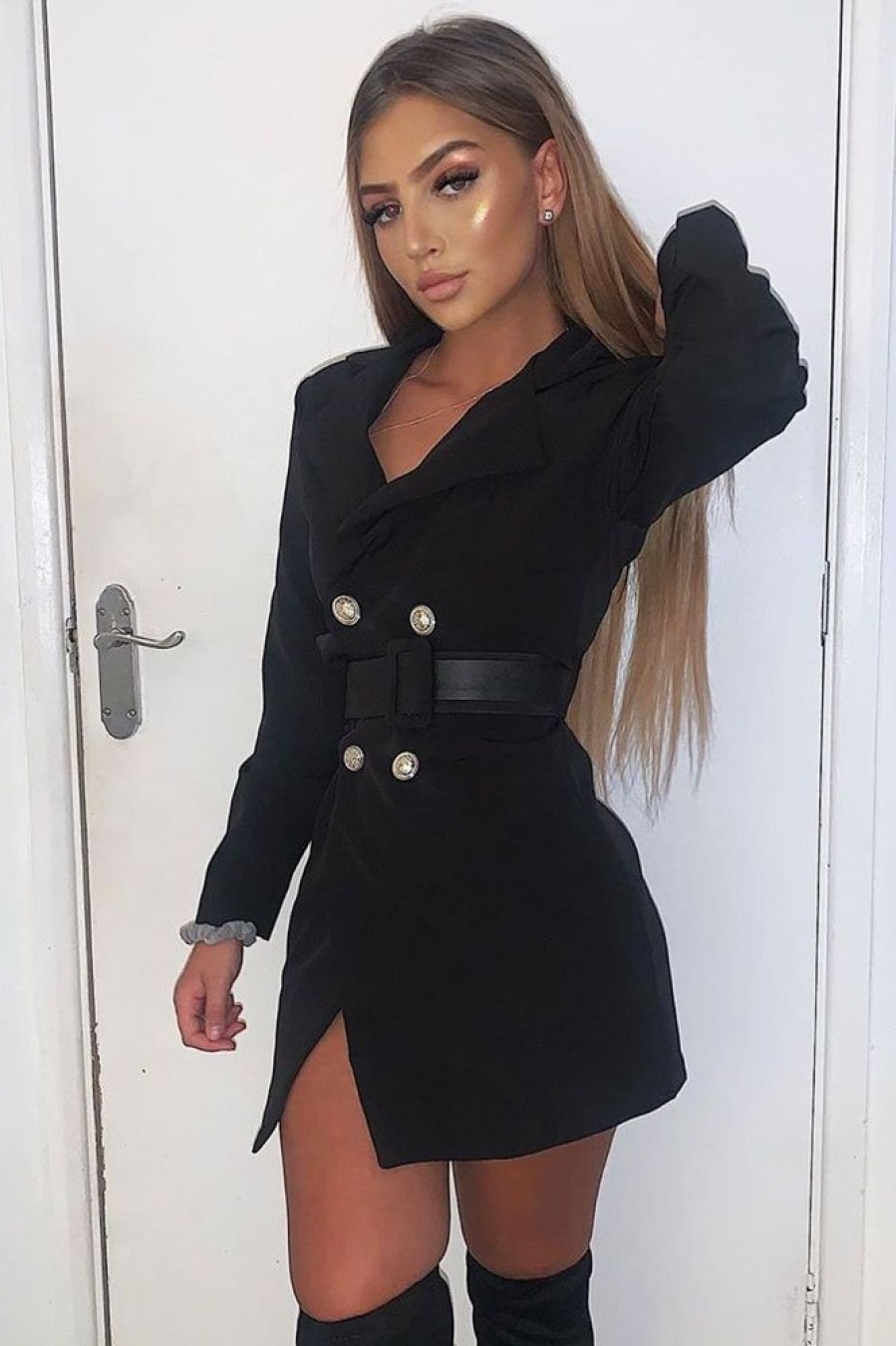 Clothing Rebellious Fashion | Black Silver Button Belted Blazer Dress - Hattie