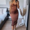 Clothing Rebellious Fashion | Brown Satin Cowl Neck Midi Bodycon Dress - Liliana