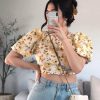 Clothing Rebellious Fashion | Cream Floral Puff Sleeve Cut Out Crop Top - Perla