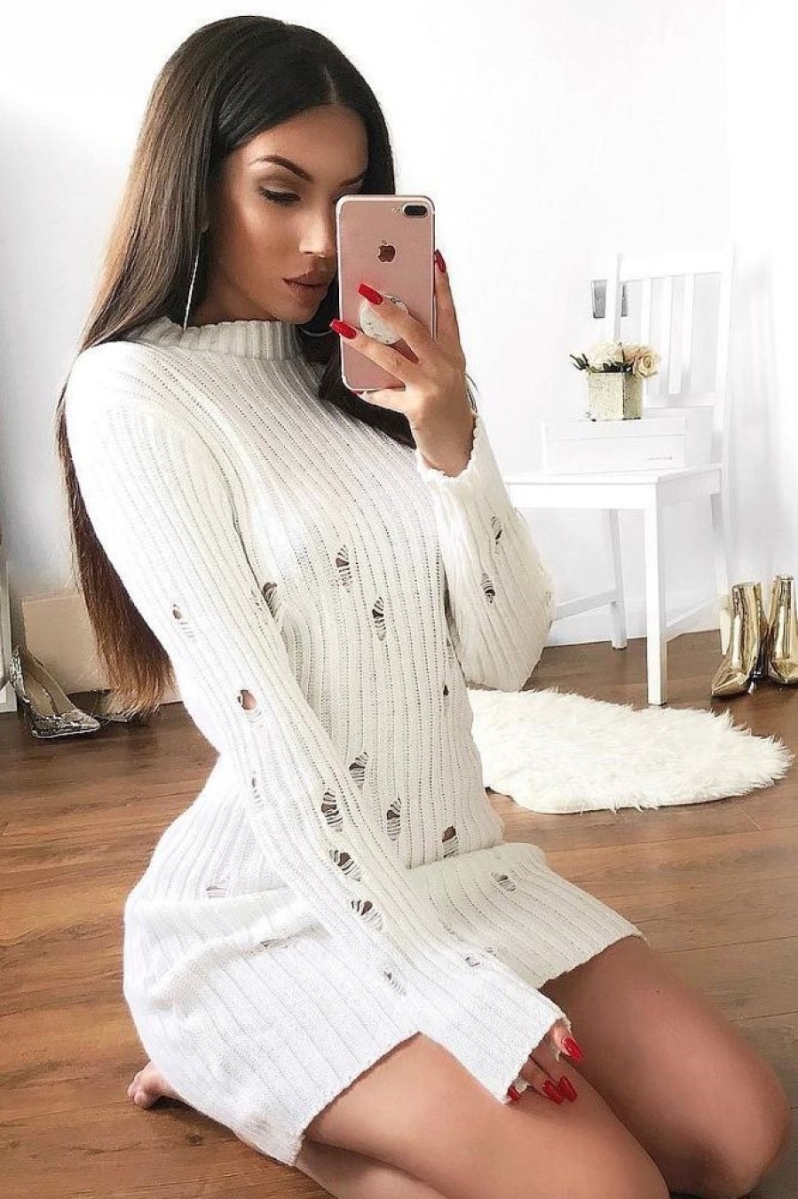 Clothing Rebellious Fashion | White Knit Distressed Jumper Dress - Cheryl