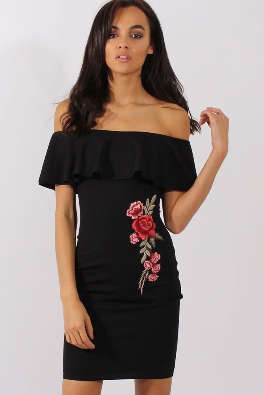 Clothing Rebellious Fashion | Black Bardot Frill Embroidered Dress - Jasmine