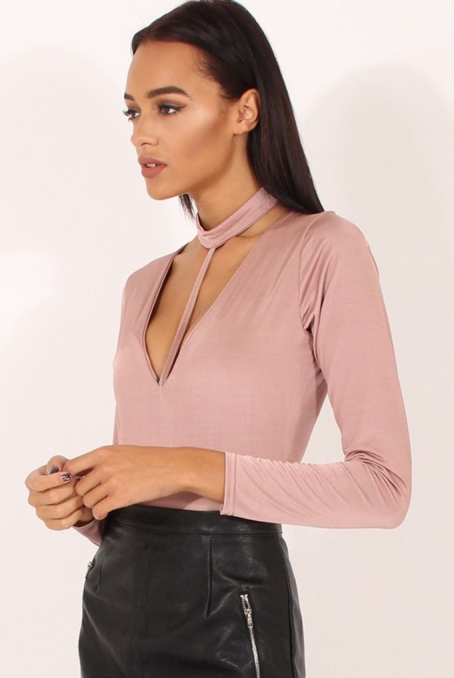 Clothing Rebellious Fashion | Mauve Harness Choker Long Sleeve Bodysuit - Sandra