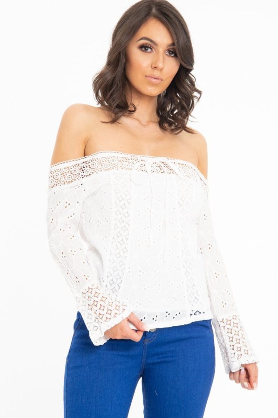 Clothing Rebellious Fashion | White Crochet Lace Tie Front Bardot Top - Greta