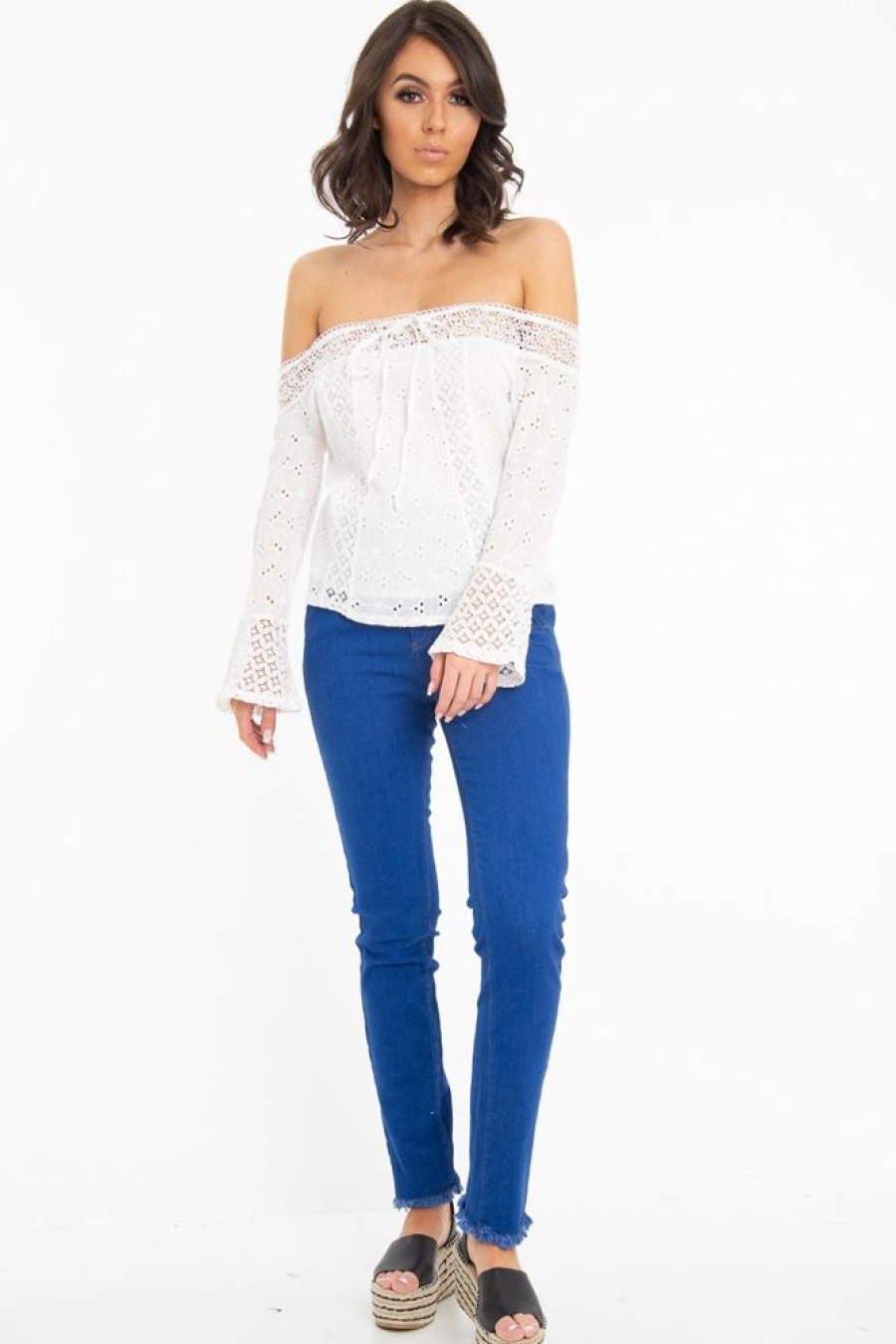 Clothing Rebellious Fashion | White Crochet Lace Tie Front Bardot Top - Greta