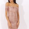 Clothing Rebellious Fashion | Bronze Metallic Pleated Bardot V Front Midi Dress - Lucia