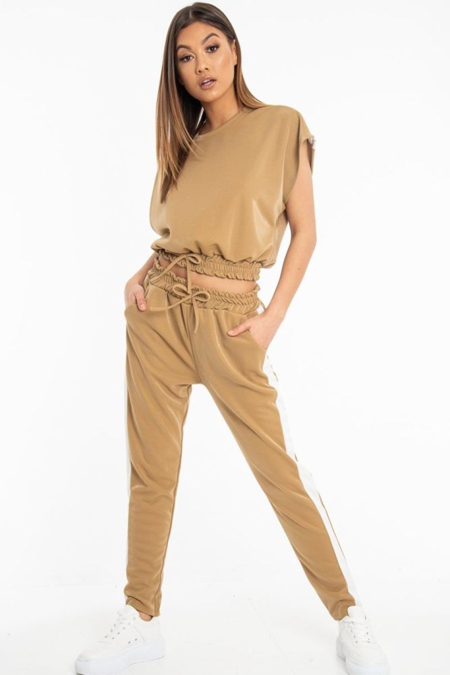 Clothing Rebellious Fashion | Camel Shiny Contrast Stripe Crop Top Joggers Co-Ord - Maisey