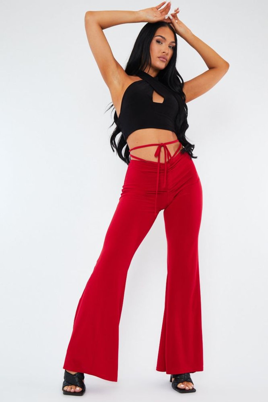 Clothing Rebellious Fashion | Red Ruched Front Tie Waist Slinky Trousers - Hava