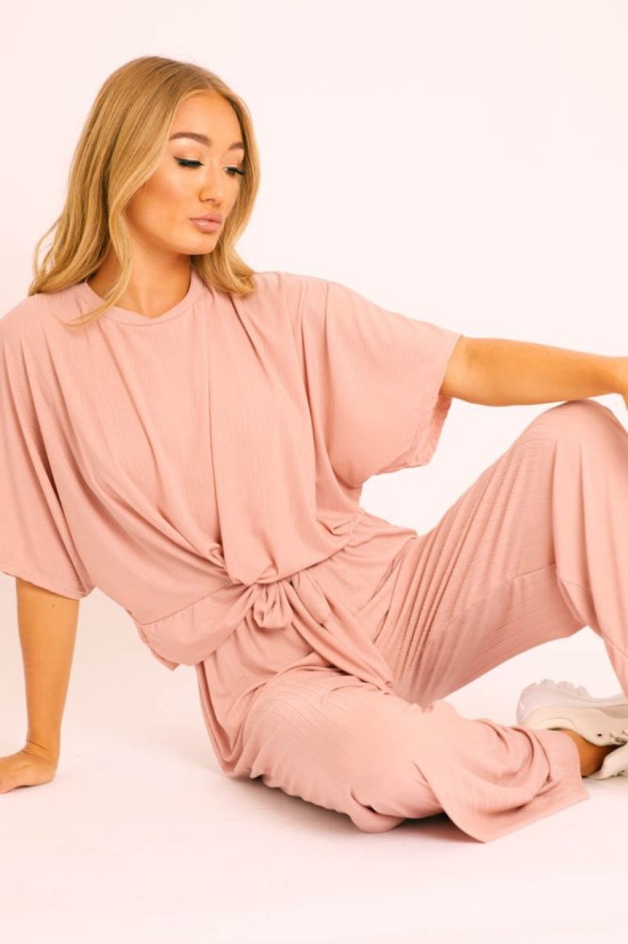 Clothing Rebellious Fashion | Pink Plisse Wide Leg Trouser And Top Co-Ord - Hellen