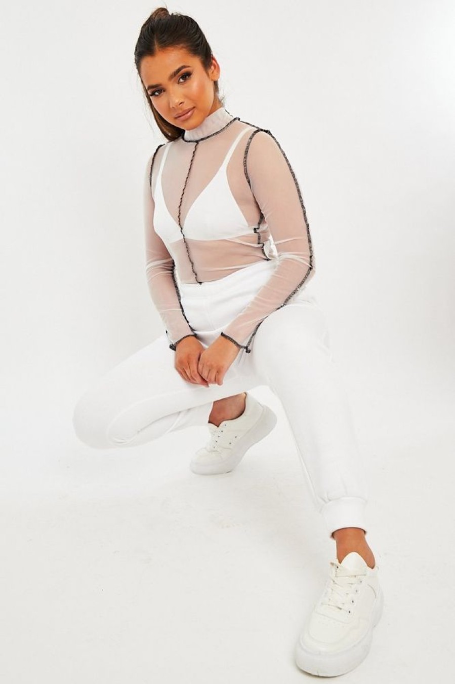 Clothing Rebellious Fashion | White Mesh Contrast Stitch Long Sleeve Crop Top - Evie