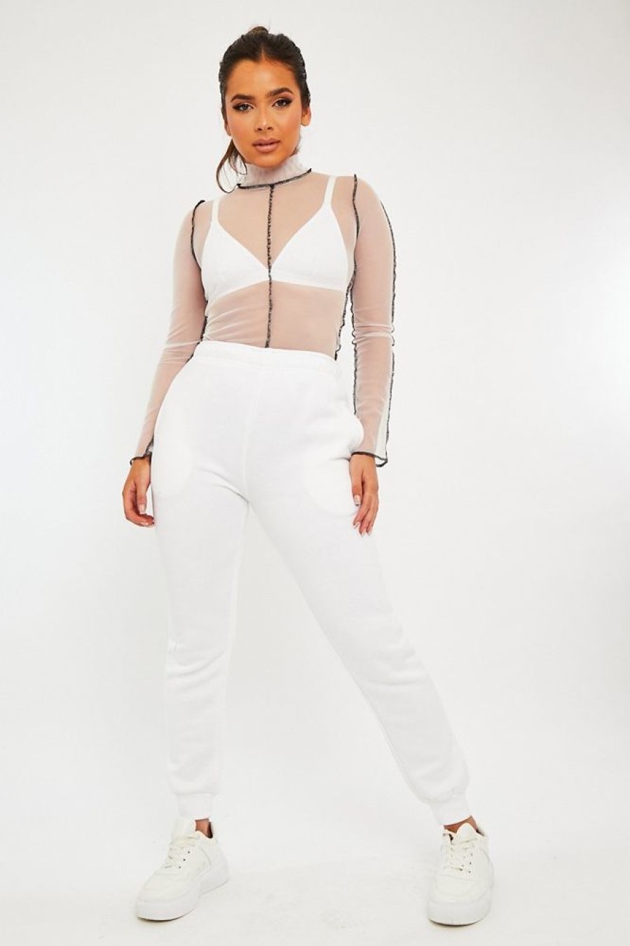 Clothing Rebellious Fashion | White Mesh Contrast Stitch Long Sleeve Crop Top - Evie