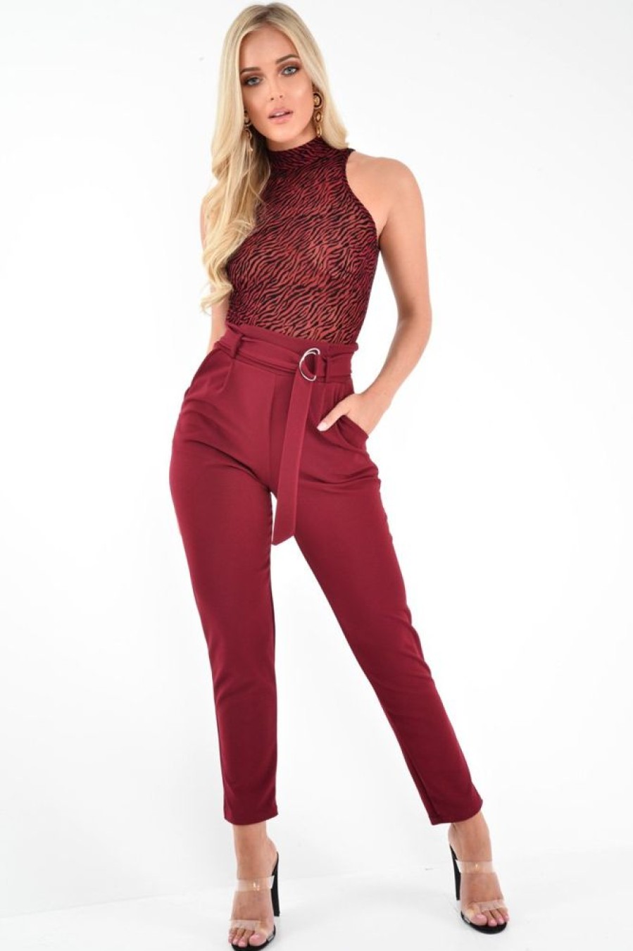 Clothing Rebellious Fashion | Wine Zebra High Neck Velvet Bodysuit - Tamina