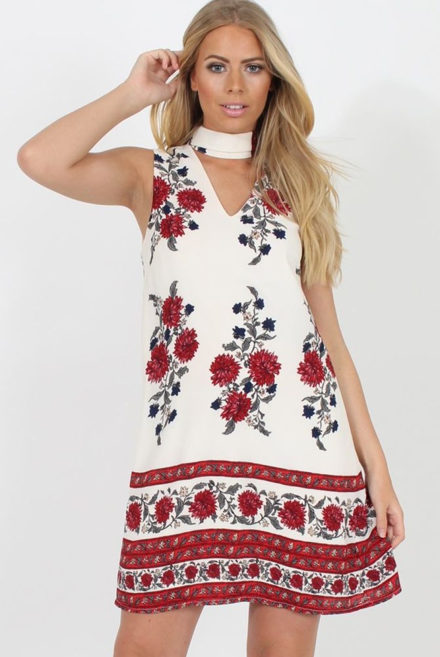 Clothing Rebellious Fashion | White & Red Floral Cut Out Shift Dress - Harriet