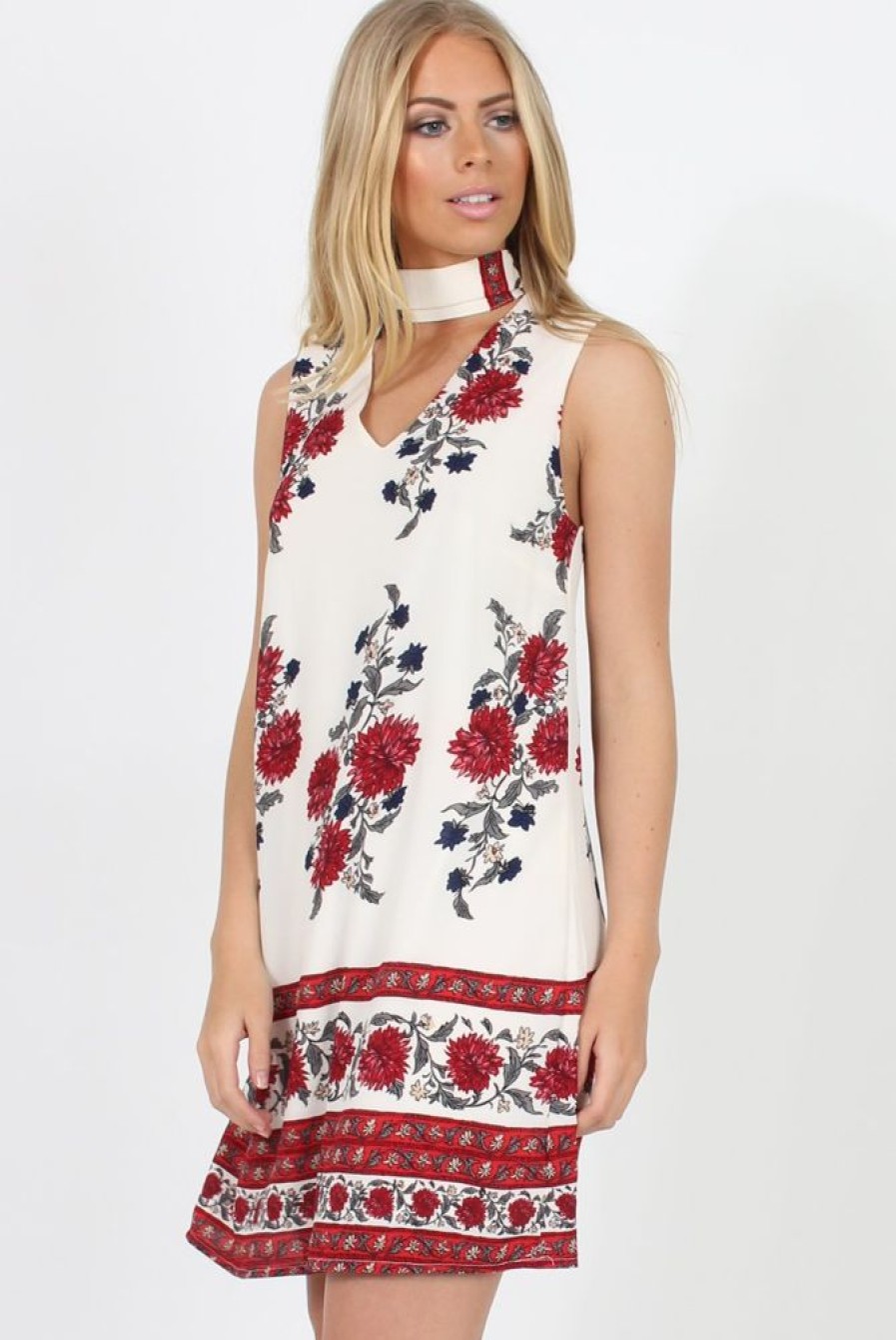 Clothing Rebellious Fashion | White & Red Floral Cut Out Shift Dress - Harriet