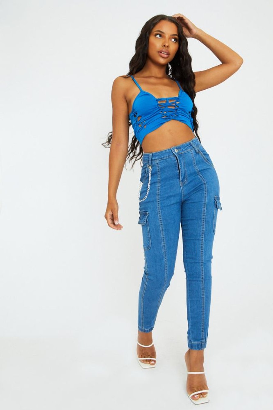 Clothing Rebellious Fashion | Blue Denim Look Chain Detail Stretch Cargo Trousers - Nellie