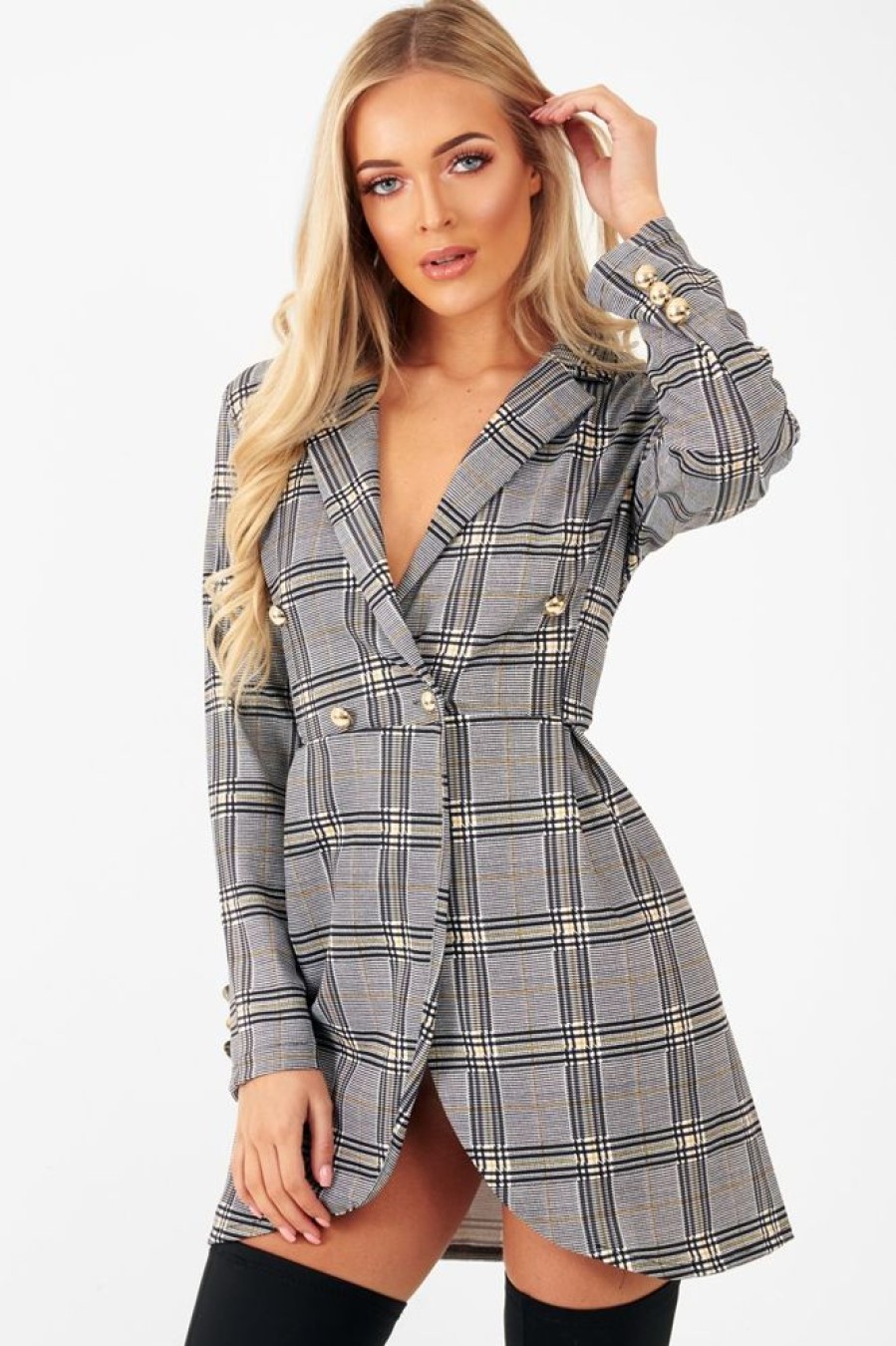 Clothing Rebellious Fashion | Mustard Black Check Wrap Blazer Dress - Emry