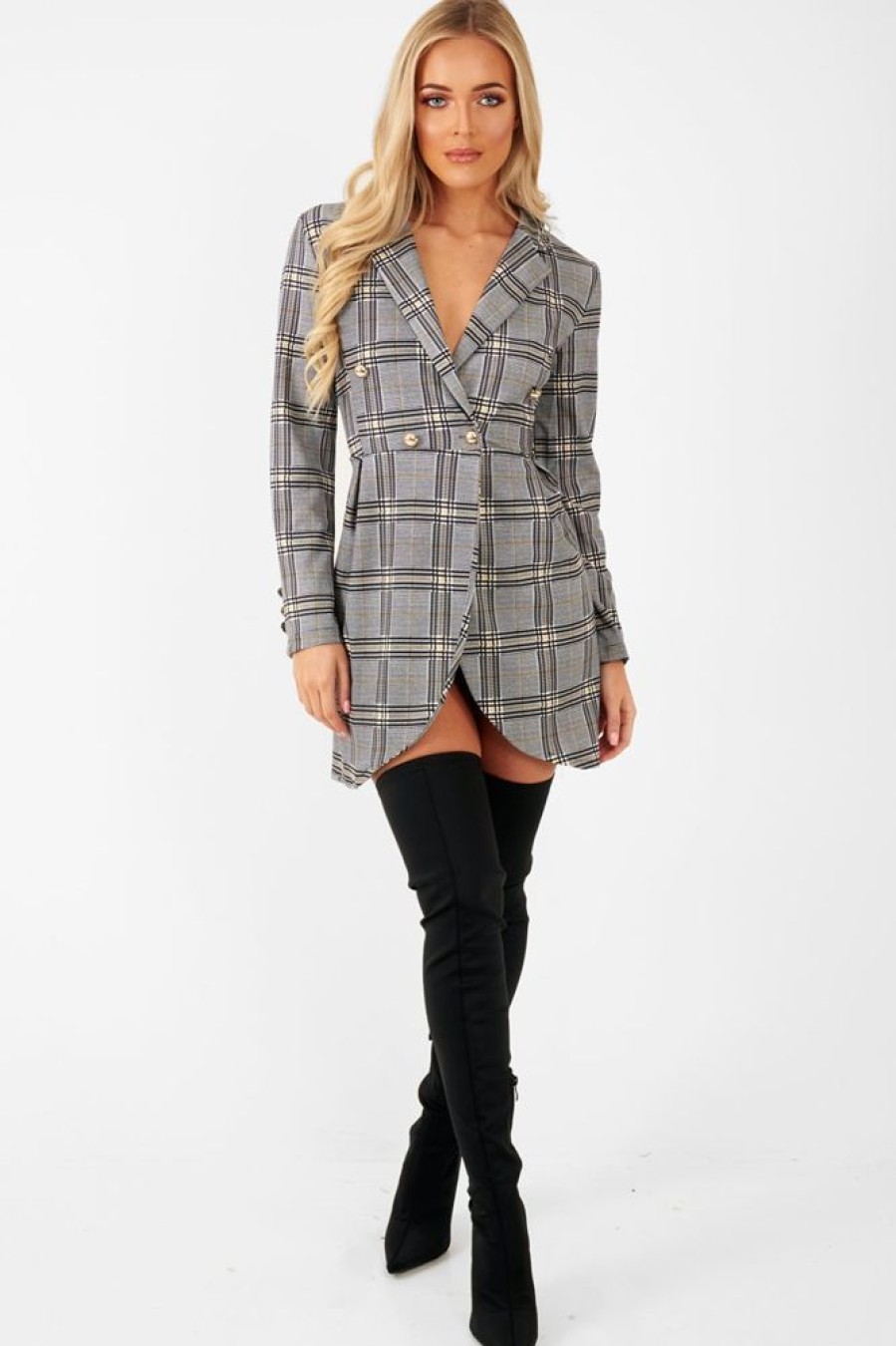 Clothing Rebellious Fashion | Mustard Black Check Wrap Blazer Dress - Emry