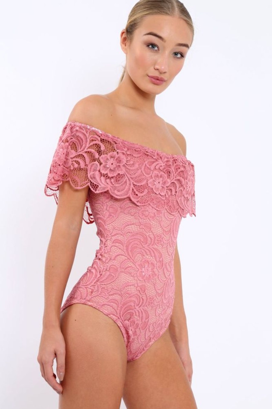 Clothing Rebellious Fashion | Pink Lace Bardot Bodysuit - Rae