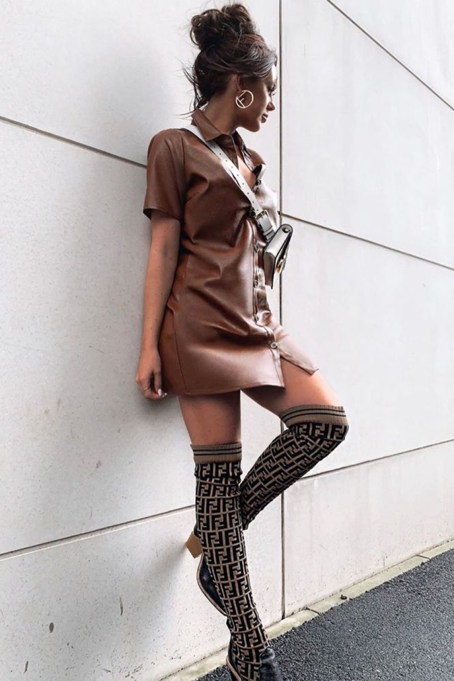 Clothing Rebellious Fashion | Brown Faux Leather Button Up Shirt Dress - Alba