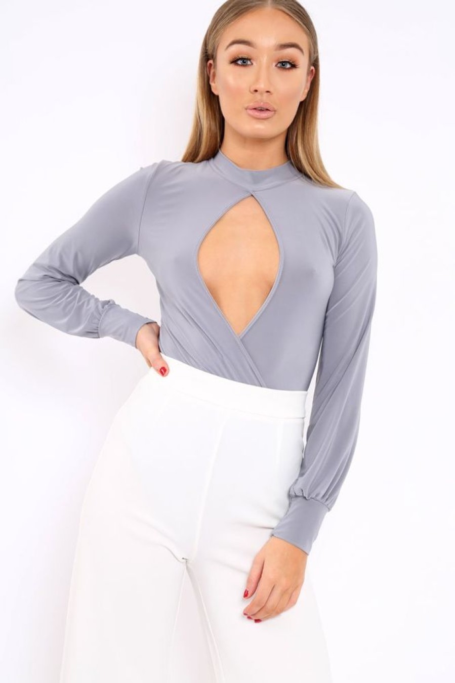 Clothing Rebellious Fashion | Grey Slinky Key Hole Wrap Front Bodysuit - Tazmin