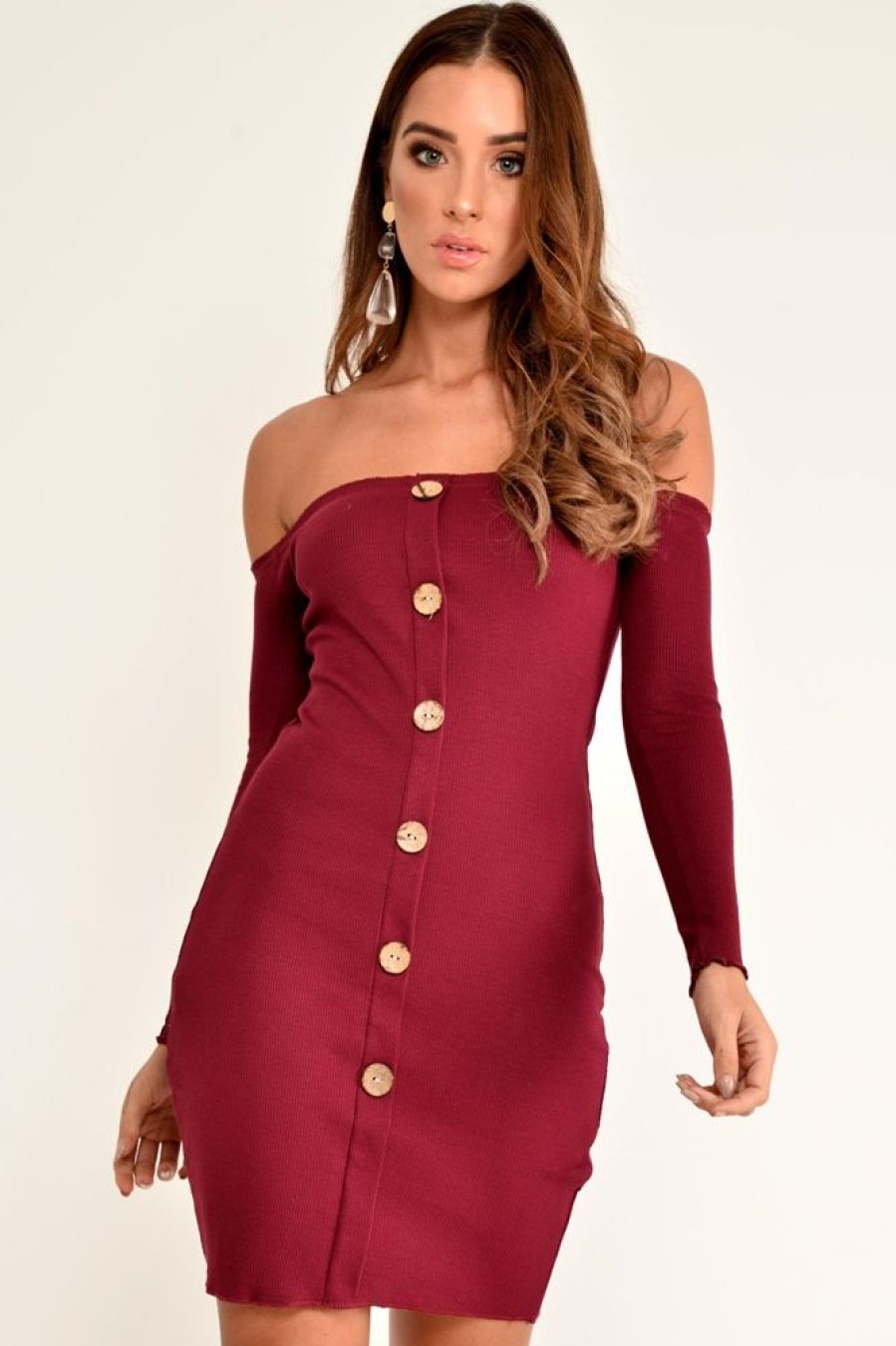 Clothing Rebellious Fashion | Wine Rib Bardot Button Down Mini Dress - Janora