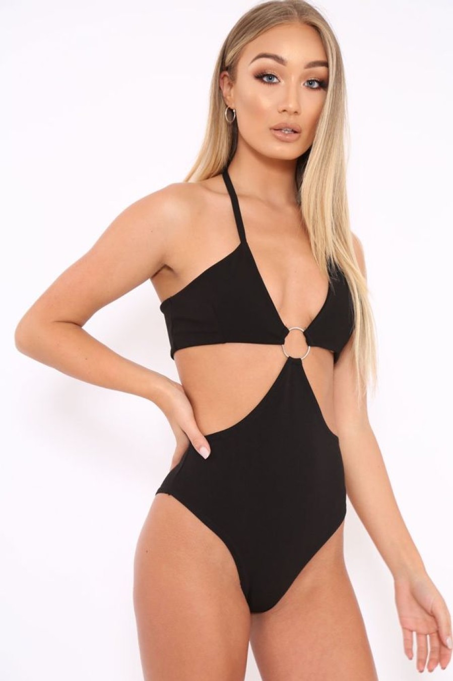 Clothing Rebellious Fashion | Black Halterneck Ring Front Extreme Cut Out Bodysuit - Helayna