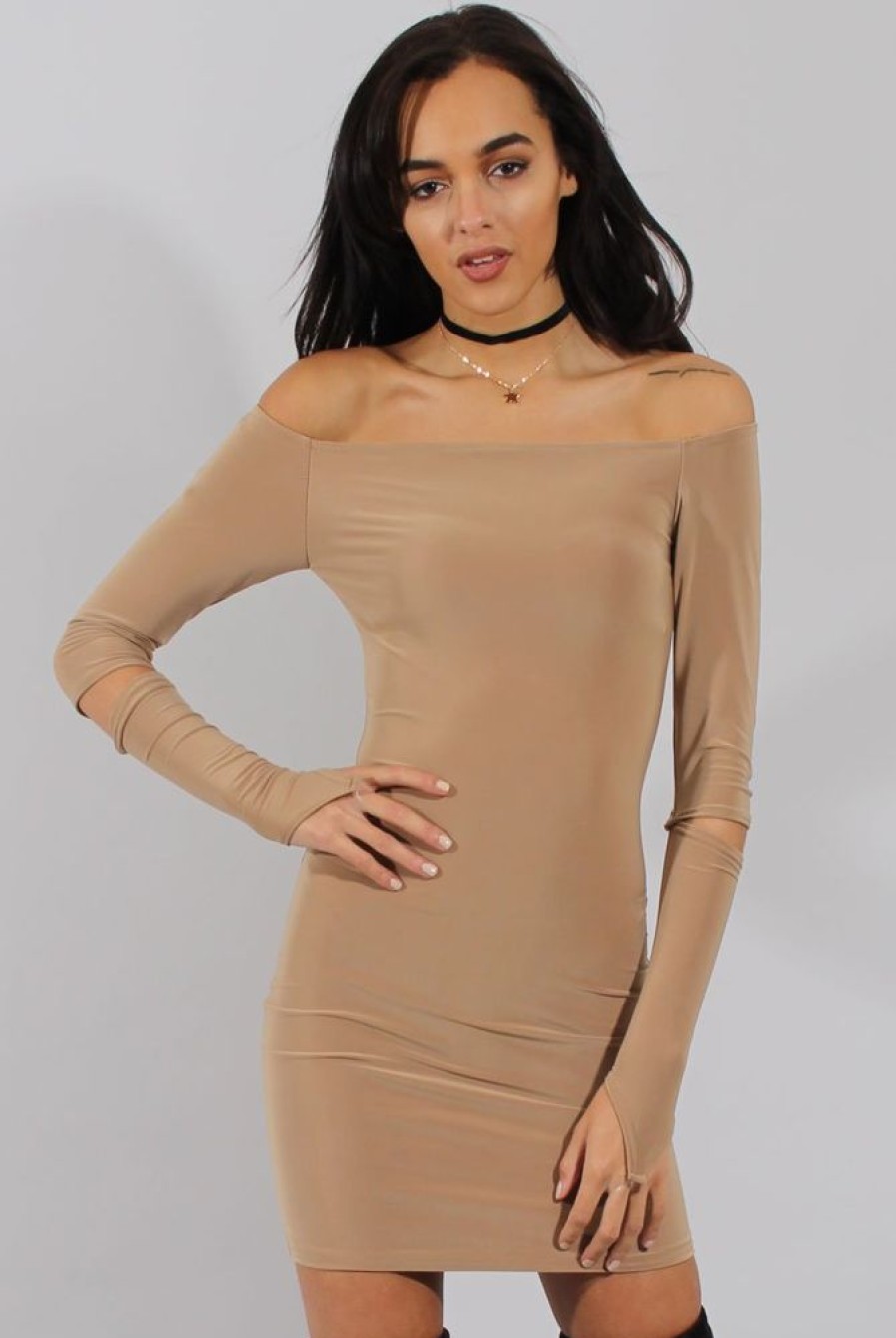 Clothing Rebellious Fashion | Caramel Bardot Cut Out Elbow Dress - Jodie