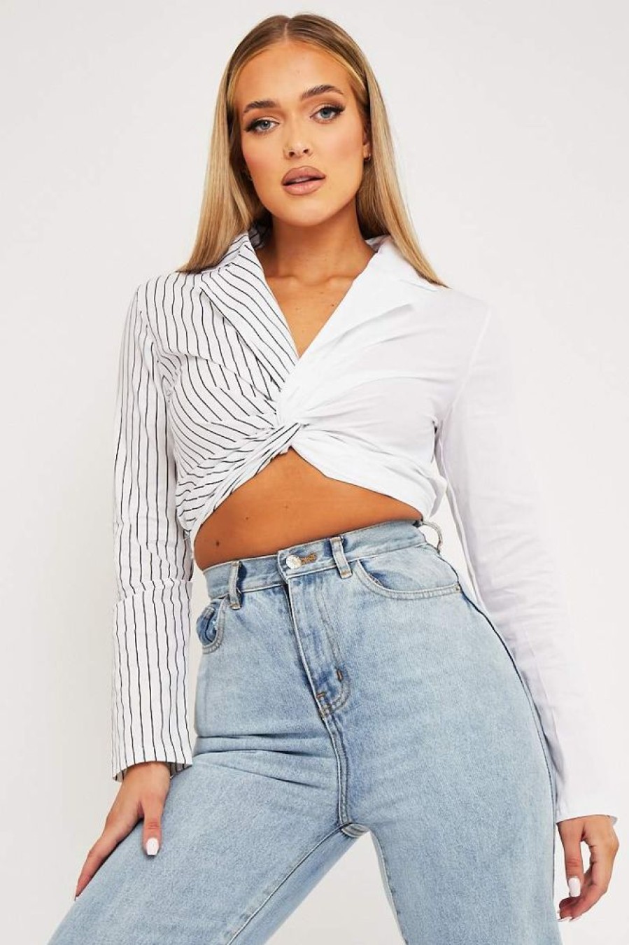 Clothing Rebellious Fashion | White Splice Stripe Wrap Shirt - Brenna