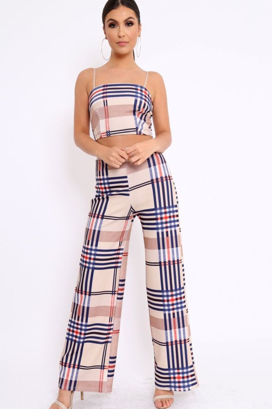 Clothing Rebellious Fashion | Beige Check Crop Top And Trousers Co-Ord - Mahli