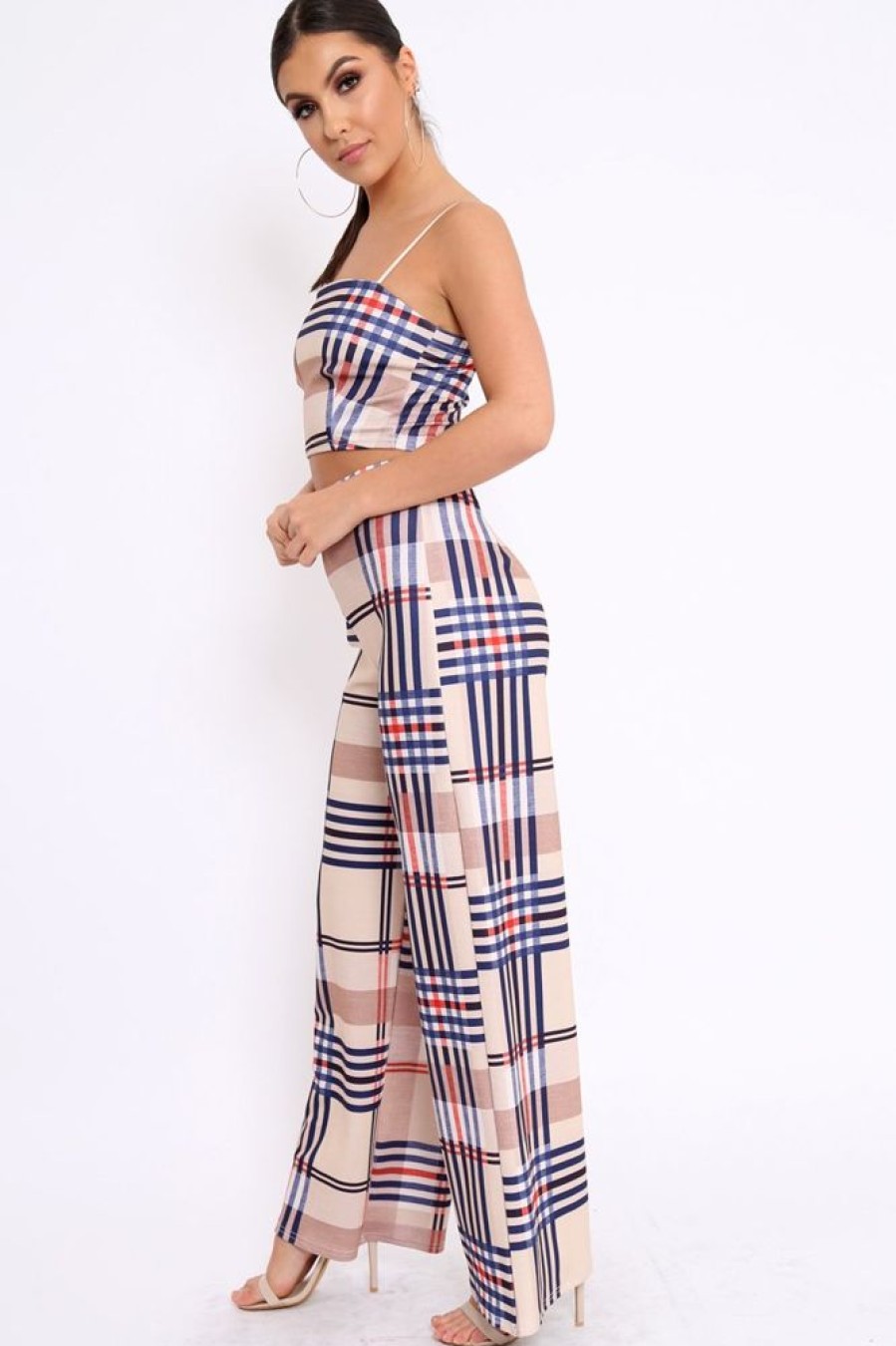 Clothing Rebellious Fashion | Beige Check Crop Top And Trousers Co-Ord - Mahli