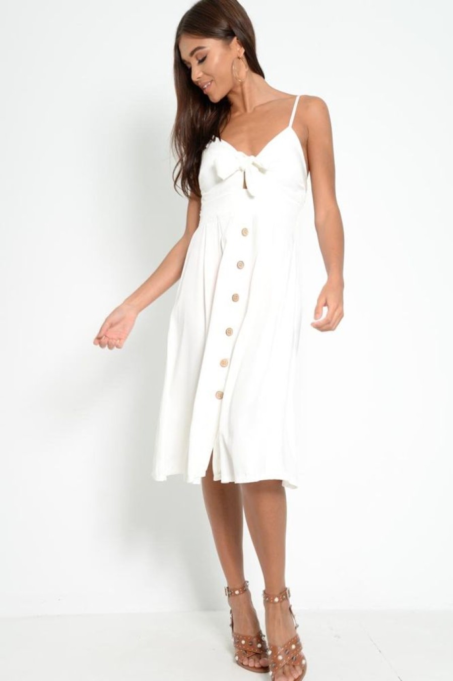 Clothing Rebellious Fashion | White Knot Front Button Dress - Kadia