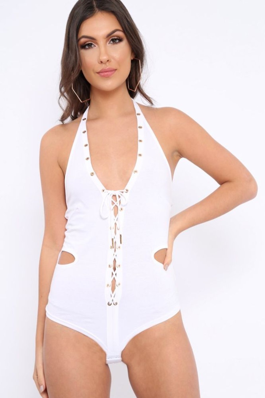 Clothing Rebellious Fashion | White Lace Up Front And Cut Out Side Bodysuit - Jaslin