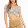 Clothing Rebellious Fashion | Beige Check Button Front Puff Sleeve Crop Top - Maleya