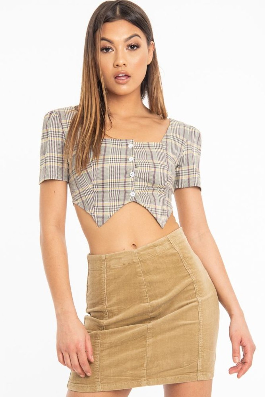 Clothing Rebellious Fashion | Beige Check Button Front Puff Sleeve Crop Top - Maleya