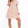 Clothing Rebellious Fashion | Beige Gingham Plunge Button Front Woven Smock Dress - Sianna