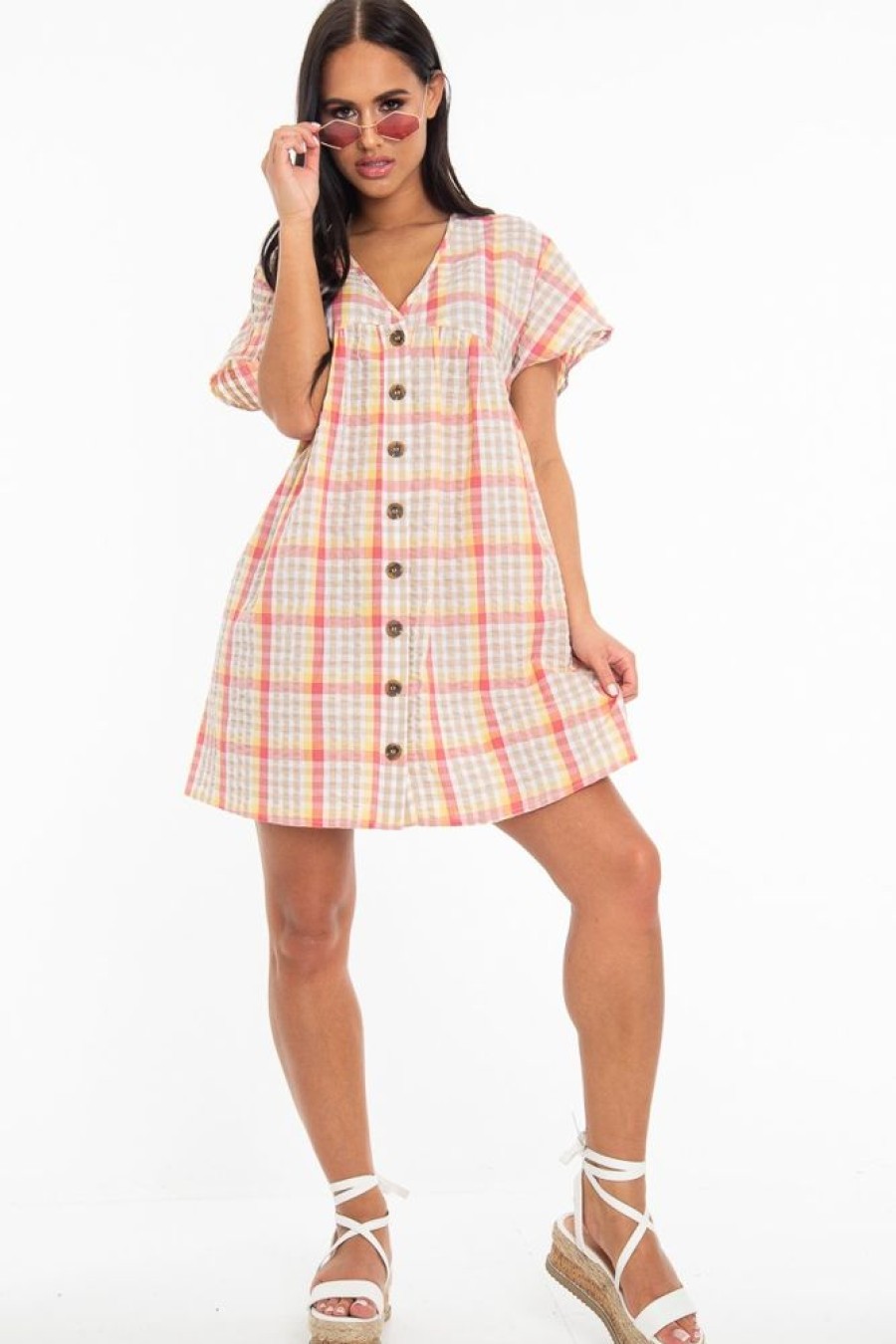 Clothing Rebellious Fashion | Beige Gingham Plunge Button Front Woven Smock Dress - Sianna