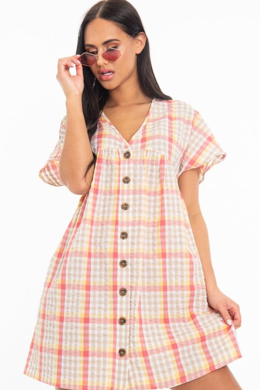 Clothing Rebellious Fashion | Beige Gingham Plunge Button Front Woven Smock Dress - Sianna