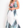 Clothing Rebellious Fashion | White Chiffon Leaf Print Plunge Maxi Dress - Marlin