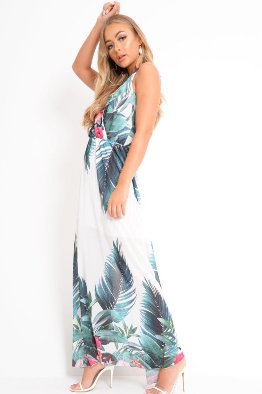 Clothing Rebellious Fashion | White Chiffon Leaf Print Plunge Maxi Dress - Marlin