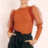 Clothing Rebellious Fashion | Rust Metallic Puff Sleeve High Neck Top - Blaike