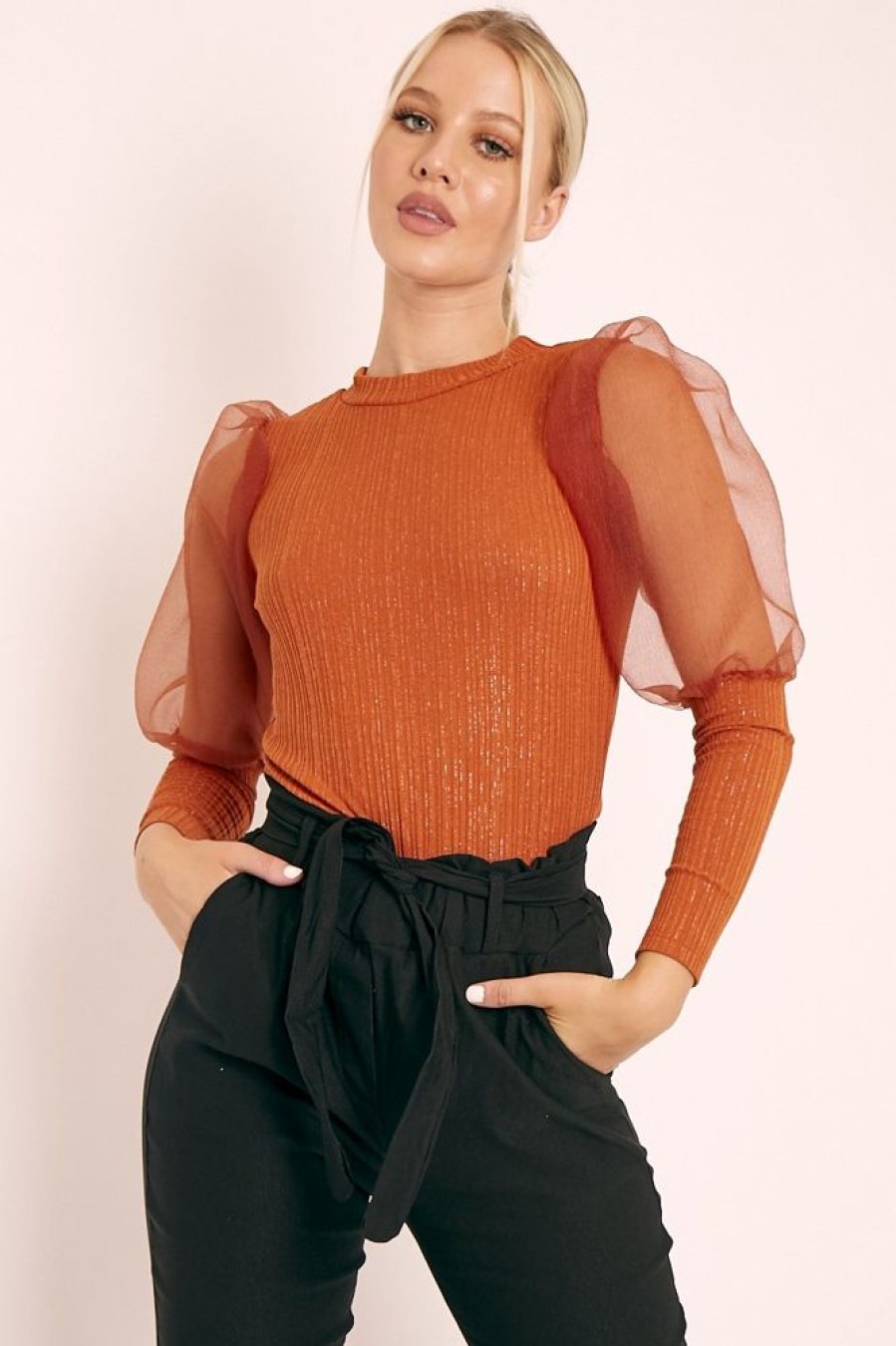 Clothing Rebellious Fashion | Rust Metallic Puff Sleeve High Neck Top - Blaike