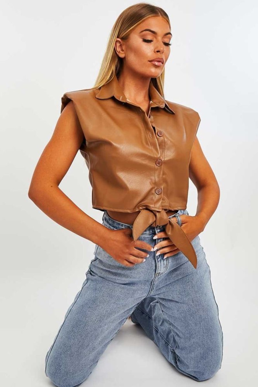 Clothing Rebellious Fashion | Camel Faux Leather Tie Shoulder Pad Shirt - Cristina