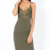 Clothing Rebellious Fashion | Khaki Applique Mesh Bodycon Dress - Tallulah