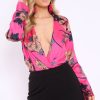 Clothing Rebellious Fashion | Fuchsia Flower Print Plunge Satin Bodysuit - Madelynn