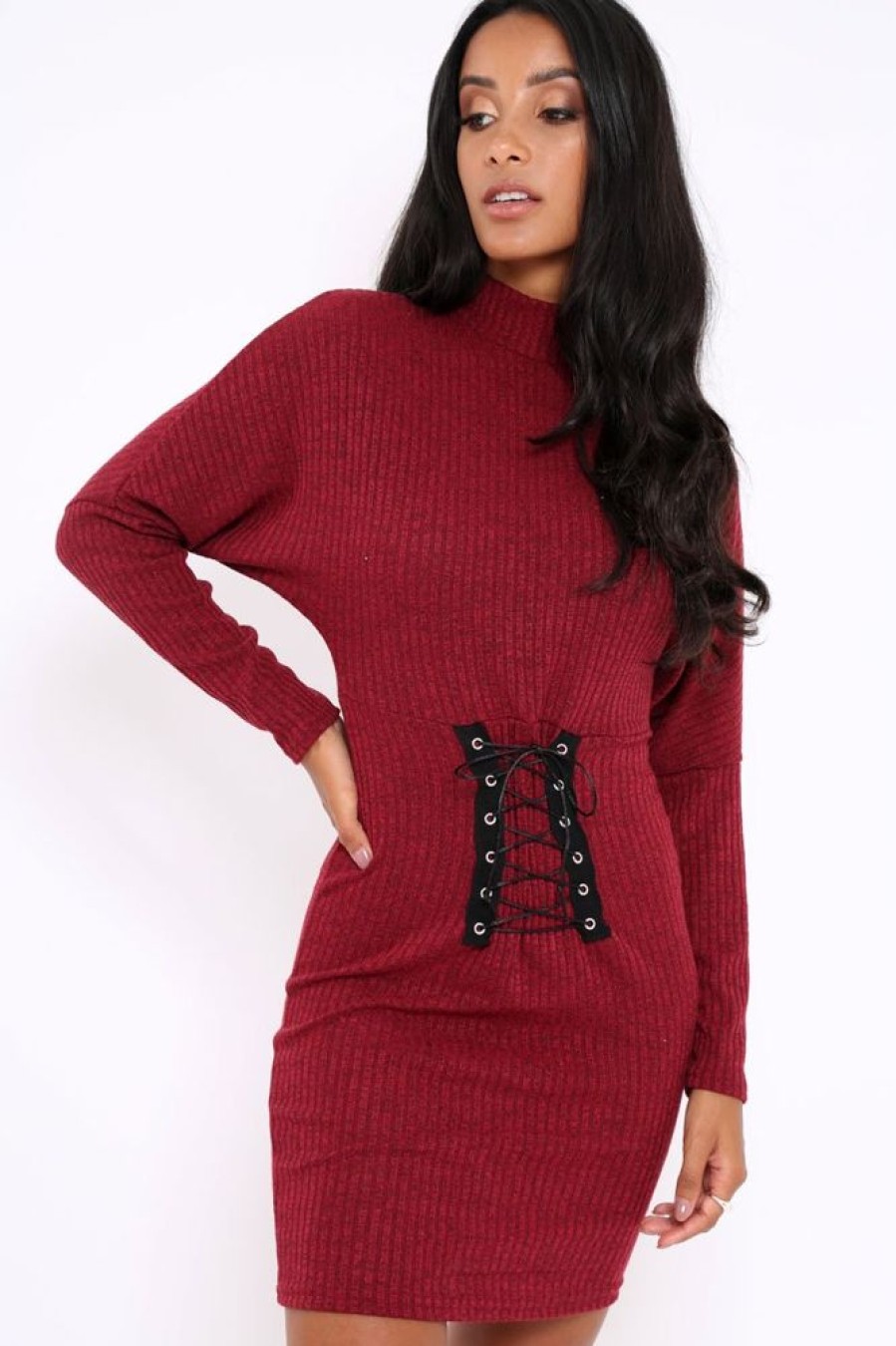 Clothing Rebellious Fashion | Wine High Neck Corset Front Ribbed Jumper Dress - Miah