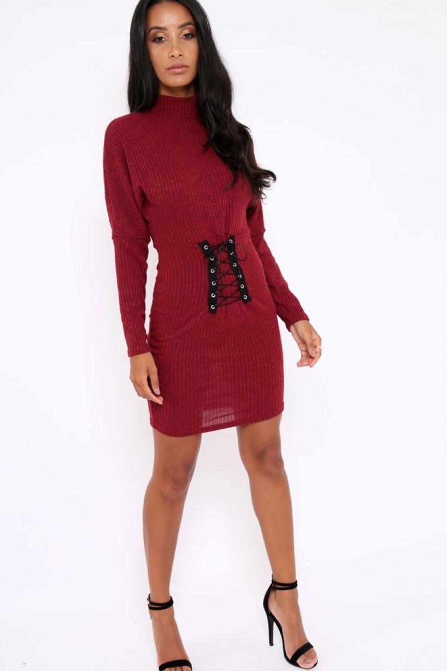 Clothing Rebellious Fashion | Wine High Neck Corset Front Ribbed Jumper Dress - Miah