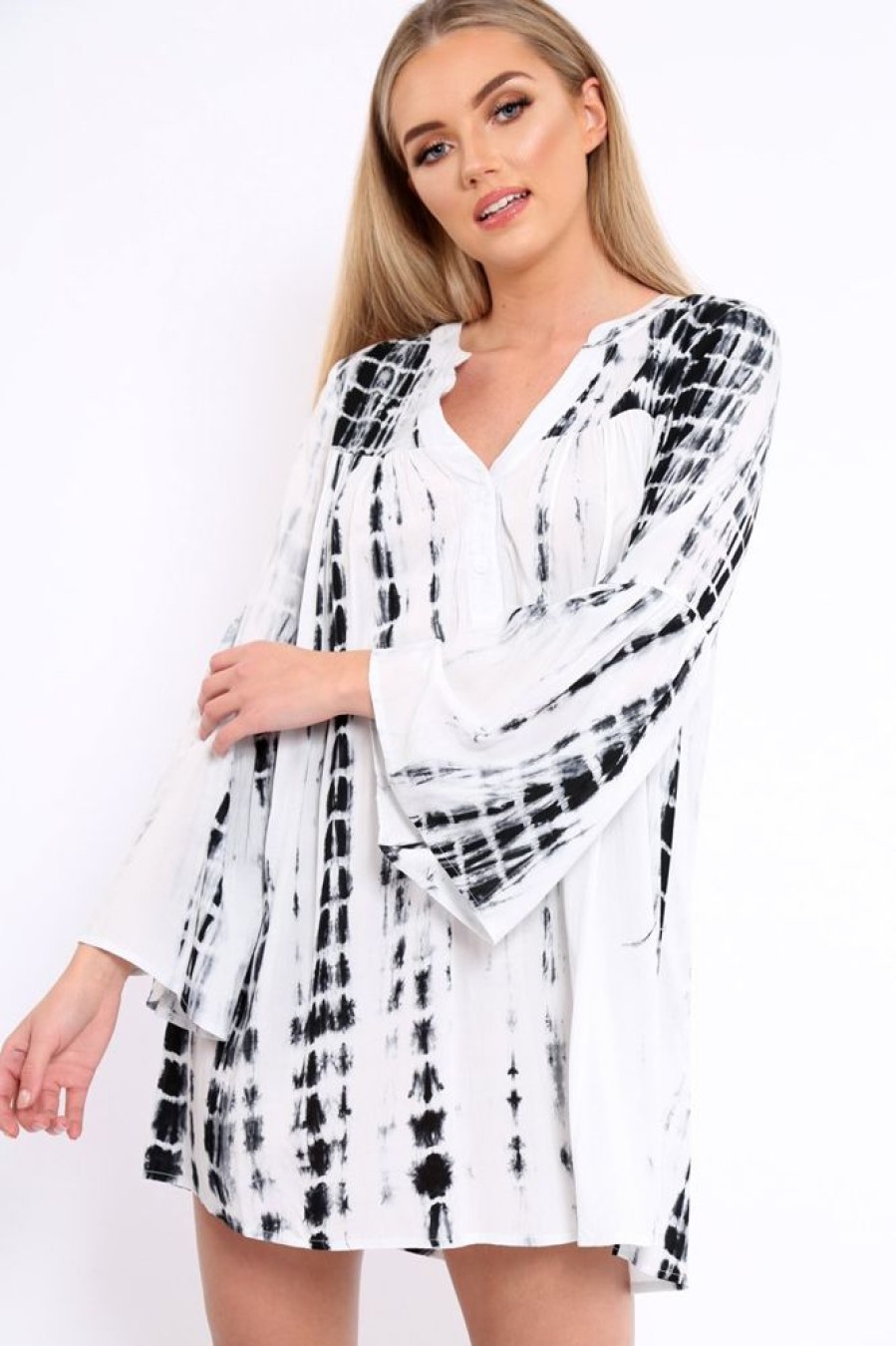 Clothing Rebellious Fashion | White And Black Tie Dye Smock Dress - Peony